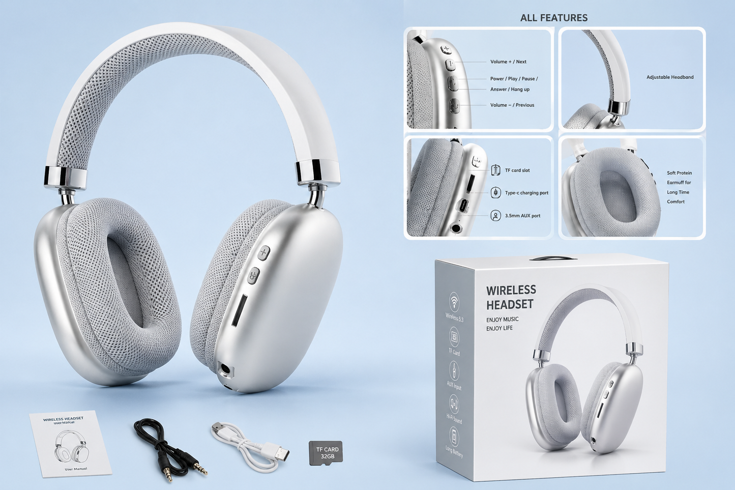 P9 Wireless Bluetooth Headphones – Hi-Fi Stereo Sound, Foldable Design, Soft Cushioned Ear Cups, Multi-Mode Playback (Bluetooth/TF/AUX) – Mix Colors