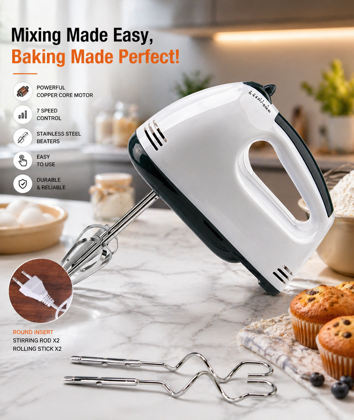 Electric Hand Mixer for Baking - Cake Mixer (Lightweight & Powerfull)